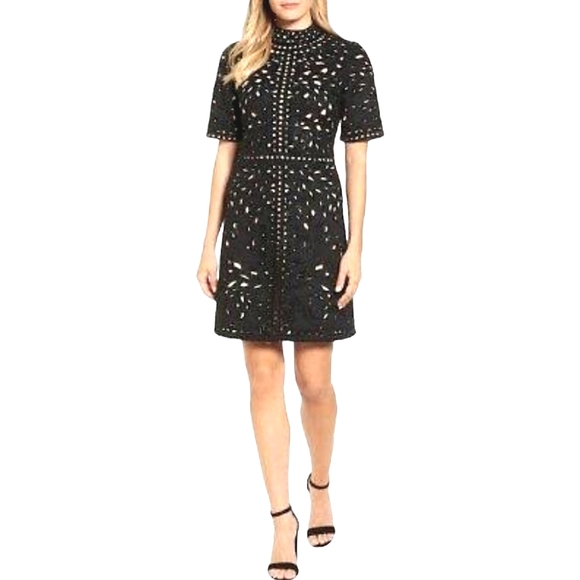 Anthropologie Kas Ny Black Iolet /Tan Shortsleeve Mock Turtleneck Dress - Picture 10 of 16